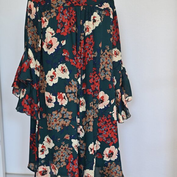 Umgee Women's Mini Dress Tunic Floral Large Open 3/4 Slv Hippie Boho Green - Picture 6 of 7